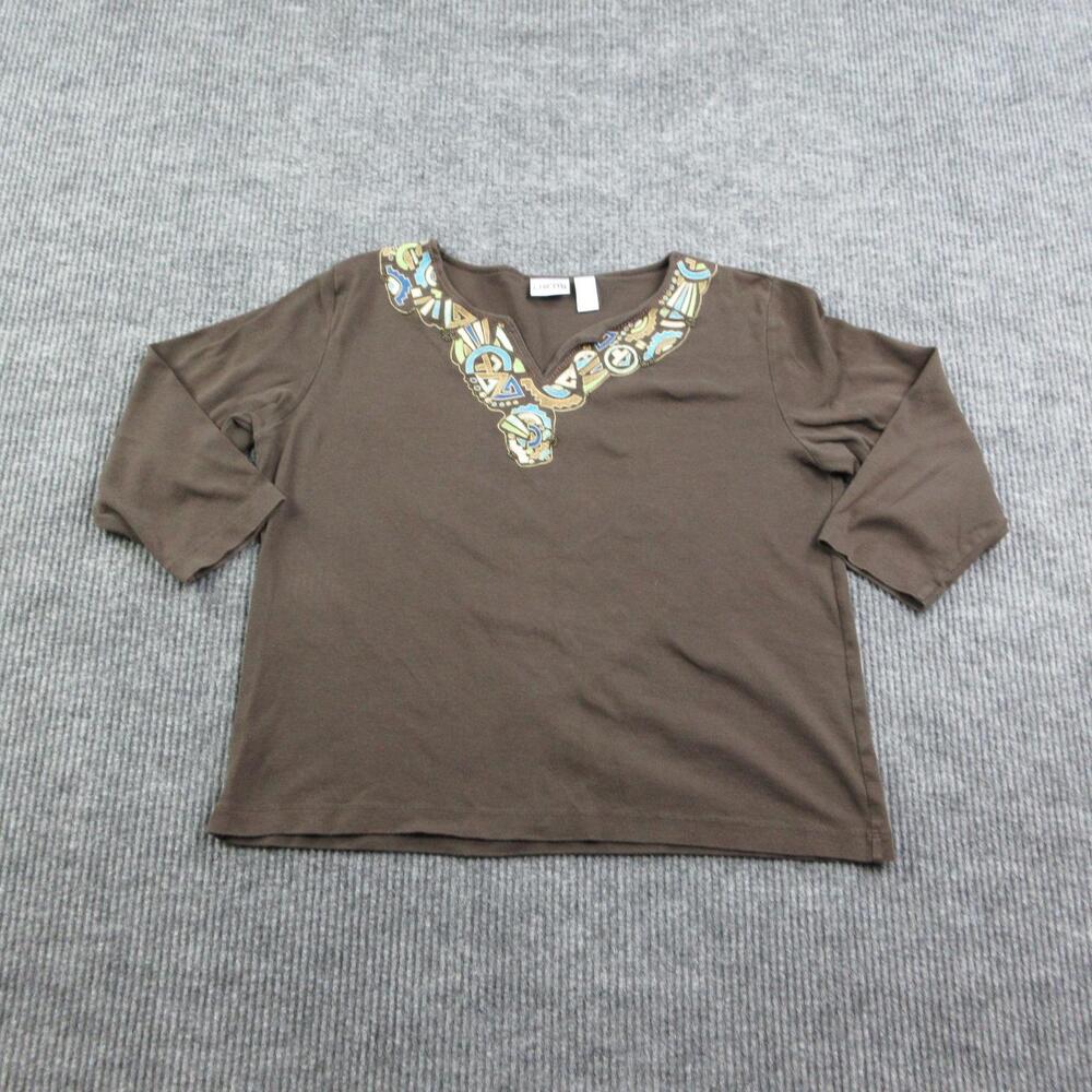 Chico's Shirt Womens 3 Brown V-Neck 3/4 Sleeve Embroidered Beaded Jersey